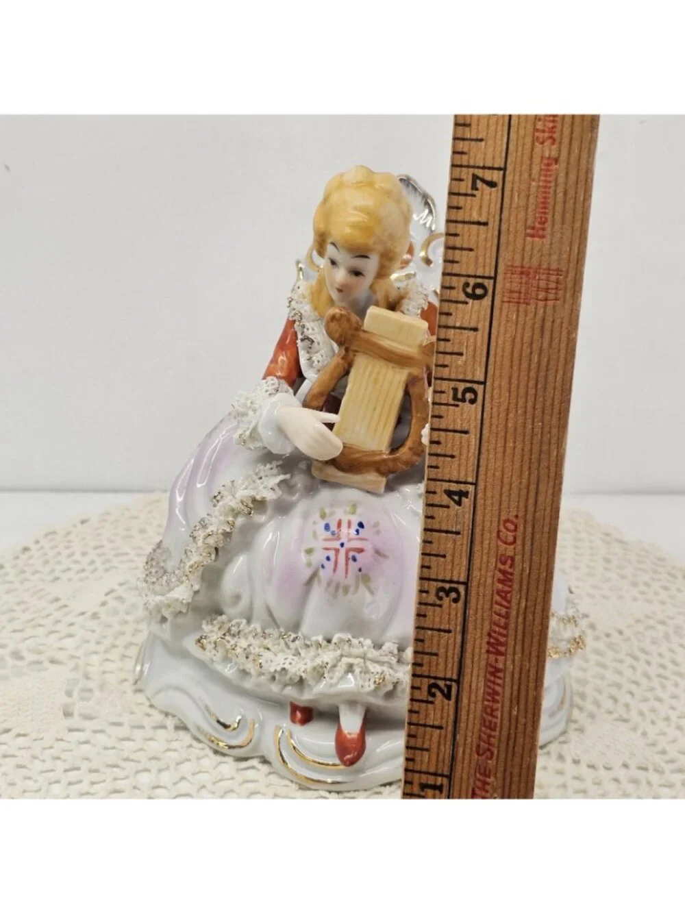 Vintage Nanco Hand-Painted Porcelain Figurine Lady Playing Harp Dresden Style 7